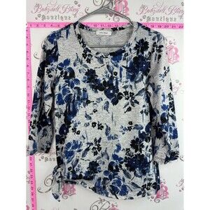 Erin Blair shirt tie up ribbon detail flowers  Blue Floral Crewneck Top